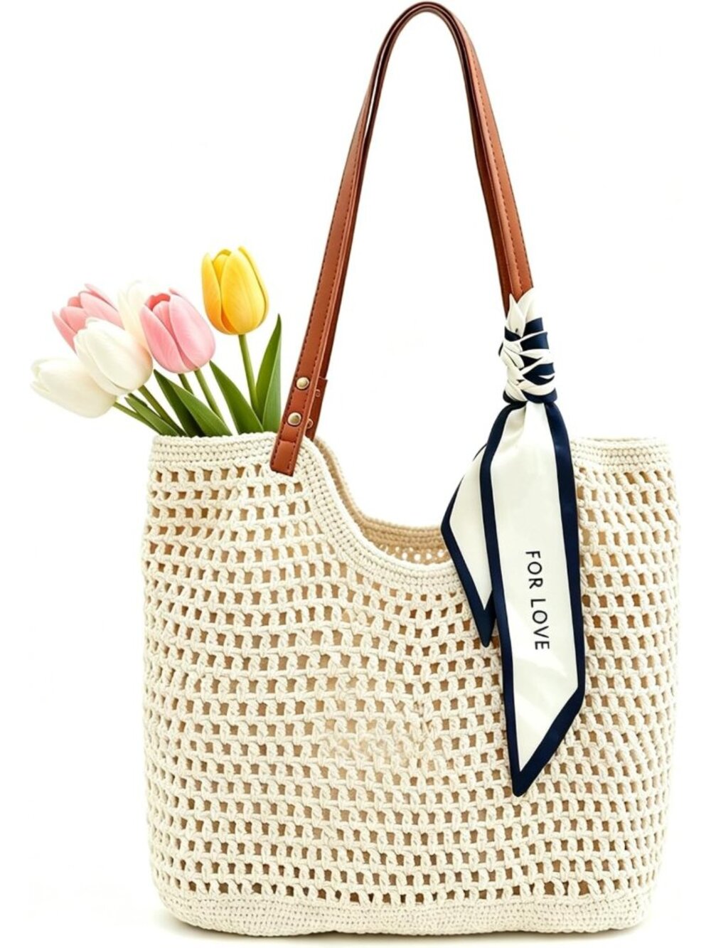 Boho Crochet Beach Tote Bag for Women, Large Capacity, Zipper & Leak-Proof